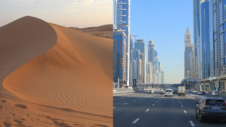 les dunes du Sultanat d'Oman et les gratte-ciel des Émirats arabes unis